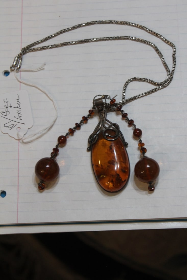 Sterling and Amber Necklace: 13 1/4" long when clapsed