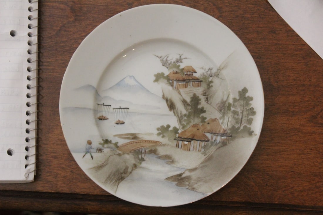 Antique Kutani Porcelain Plate of Mount Fuji: Japanese -artist signed - early 20th century - 7 1/8" in diameter