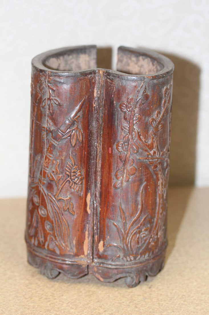 Antique Chinese Bamboo Brush Pot: please note: cracks, as found - please check out images for conditioning - unusual shape - 5 7/8" tall