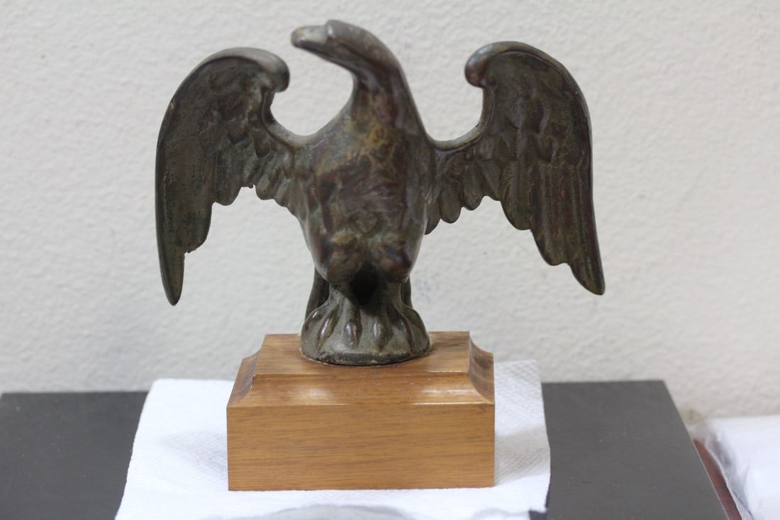 A Bronze Eagle on Wood Stand: nice patina - I think it is old - overall= 6 5/8" tall