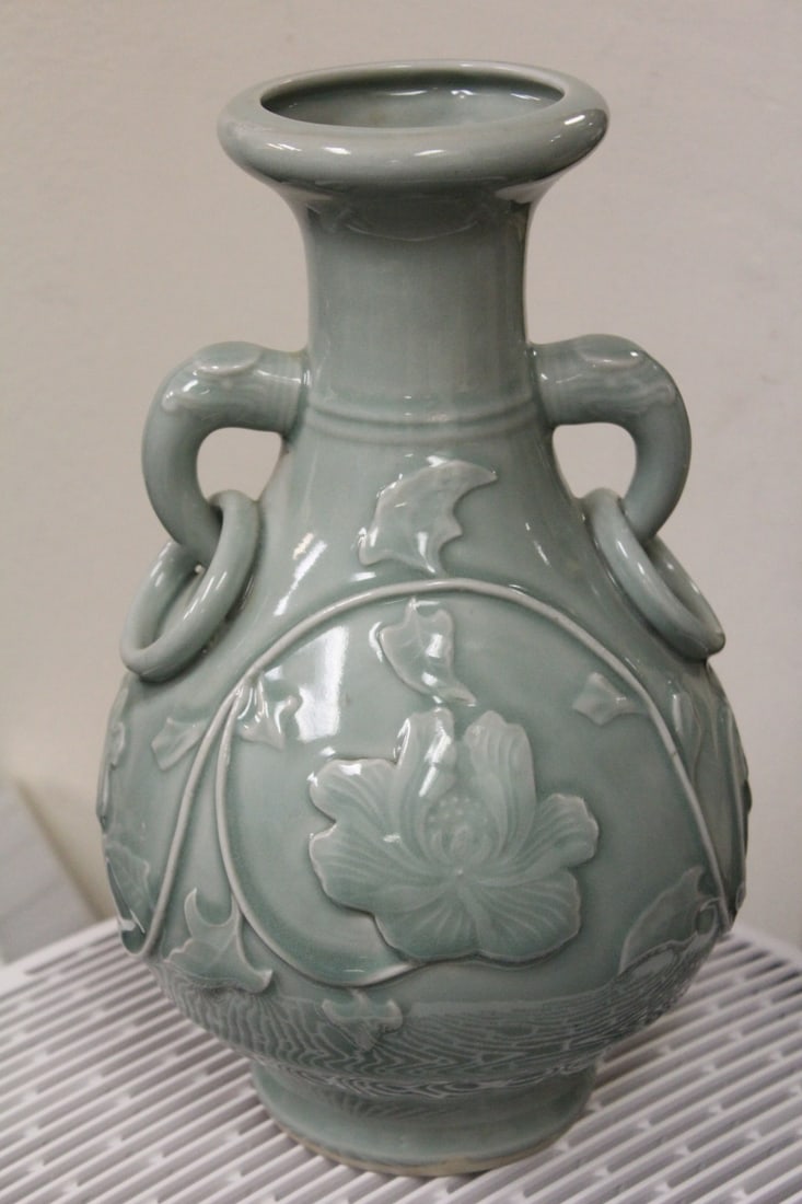 Chinese Celadon Elephant Vase: elephant handles - 12 1/2" tall
