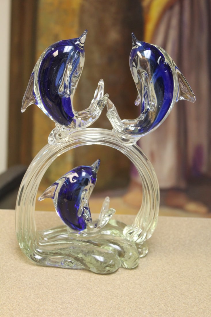 Art Glass Dolphins Group: 10" tall