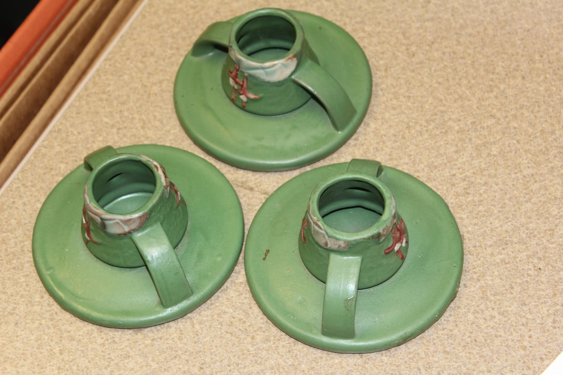 Lot of 3 Roseville Candle Holders: base diameter= 4inches