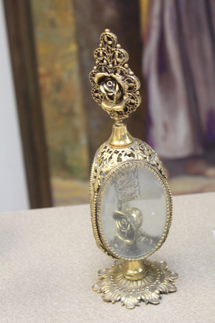 Gold Gilted Filigree Perfume Bottle: overall= 10 1/4" tall