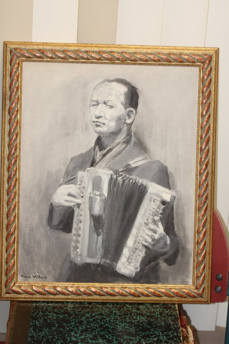 Oil on Board Black and White Painting: by Pierre Villain - signed lower left - overall= 18 1/2" x 15 3/8"