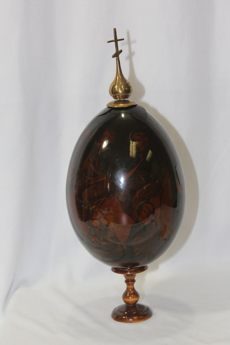 A Vintage Easter or Christmas Egg on Stand: please note: crack and losses, due to age - 11 inches tall