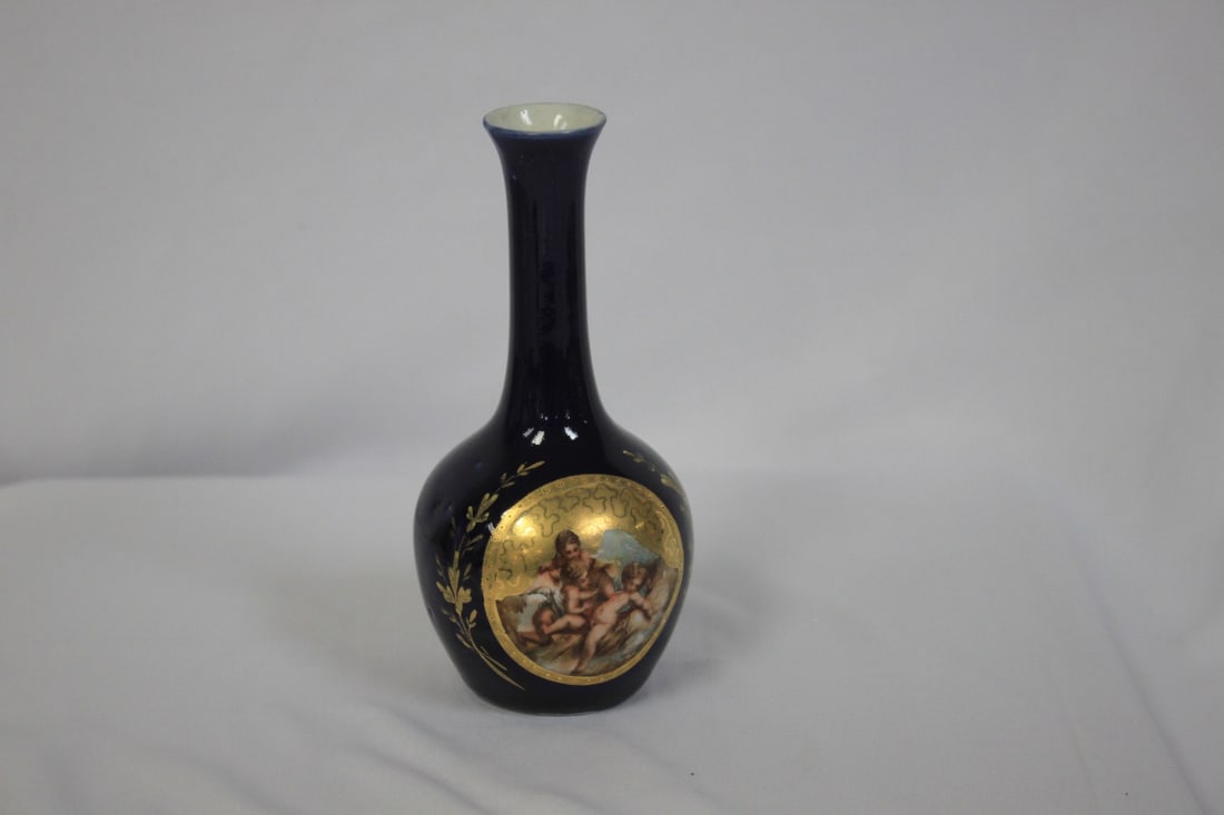 A Handpainted Royal Vienna Small Bottle/Vase: beehive mark - 5" tall