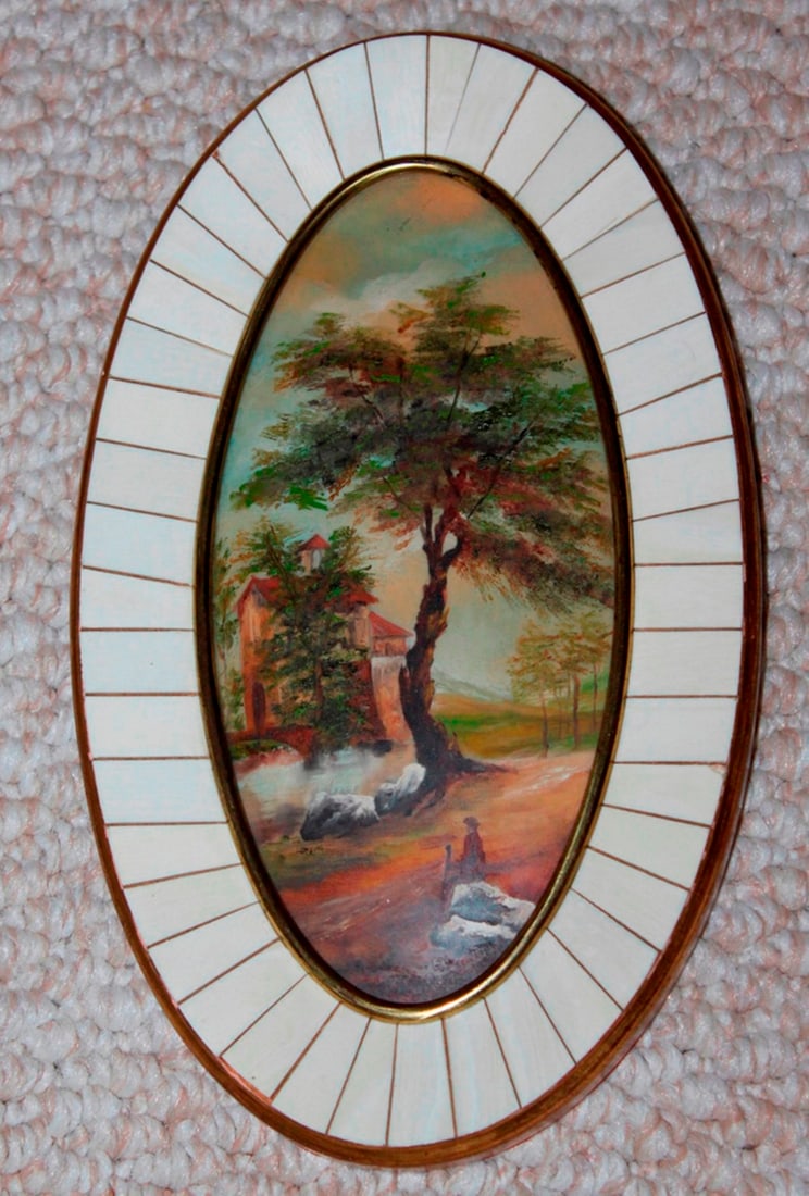 Miniature Oil Painting on Bone Frame: Signed initials E.U. Overall 8 3/4" x 5 1/8". Most likely early 20th century.