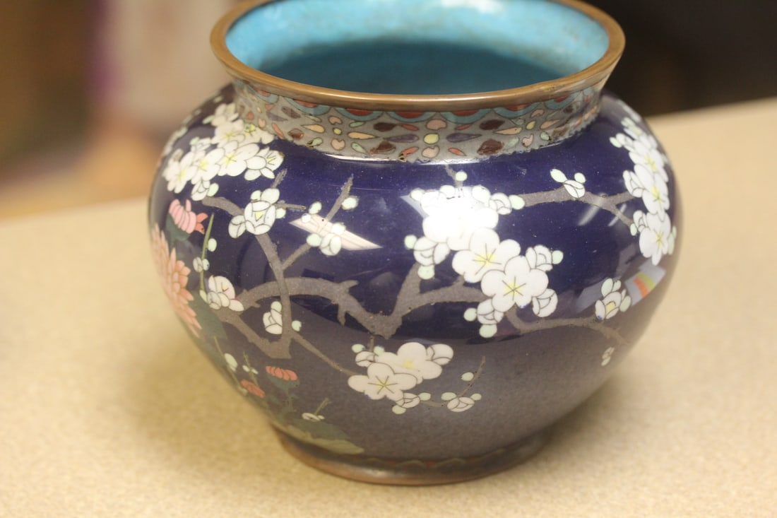 Antique Japanese Cloisonne Bowl: Meiji period - please note: minor dent on the foot as shown - 5 1/8" tall by 5 3/4" wide