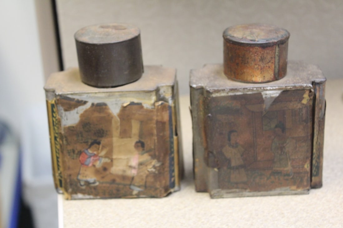 Made in China Tea Container: well worn - two of them - one mark canton tea - 4 3/8" tall