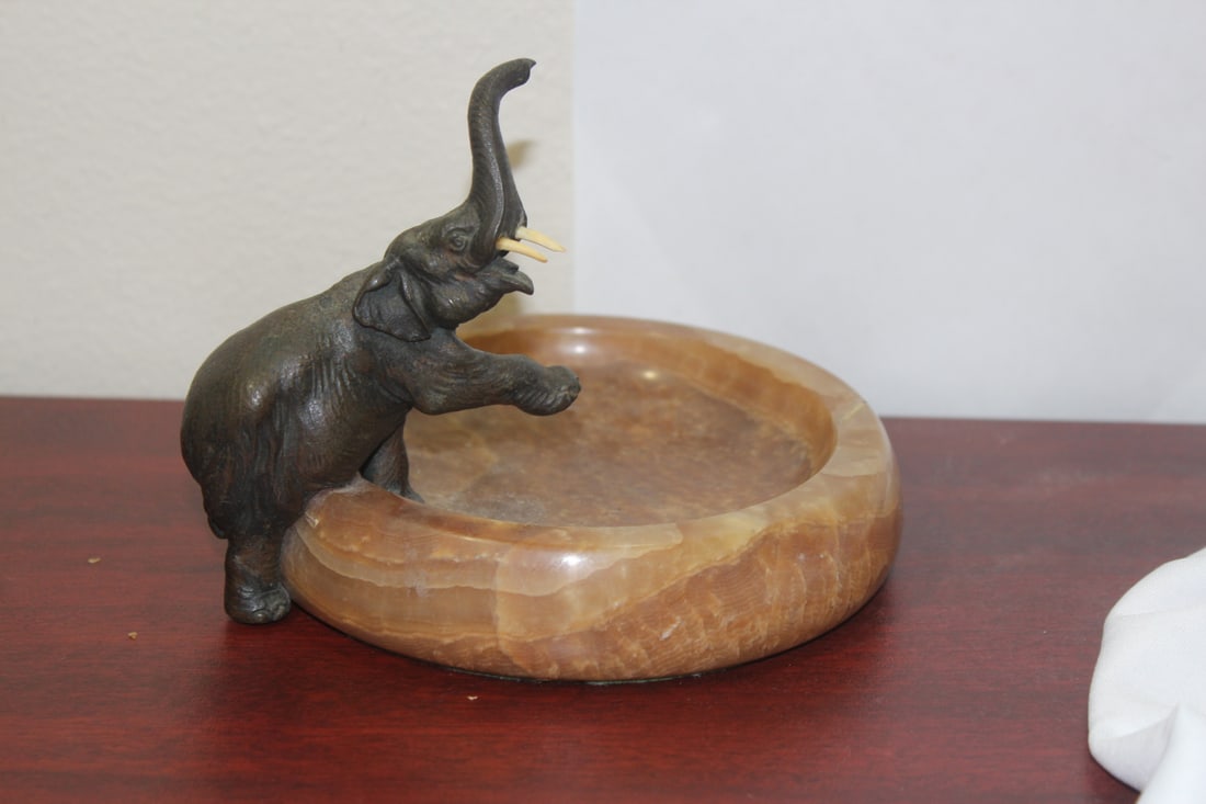 A Rare Deco Period Elephant Tray: most likely bronze and onyx - 4 7/8" tall - for coins or possibly jewelry