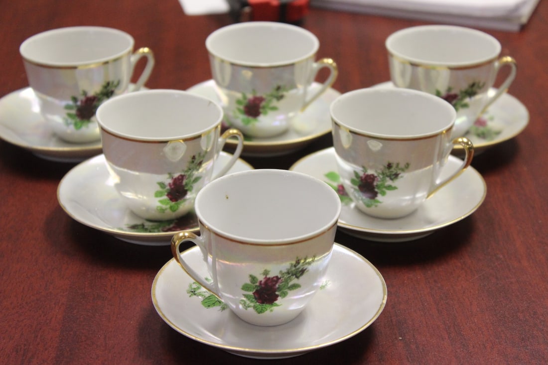 Set of Six Cup and Saucers: Marked - cup= 2 inches tall each