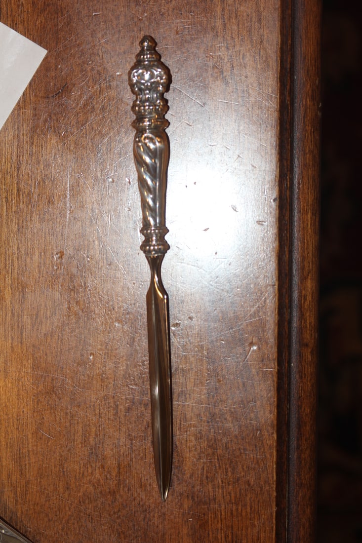 Sterling Handle Letter Opener: unusual - ornate - twisted crown design - 7 5/8" long