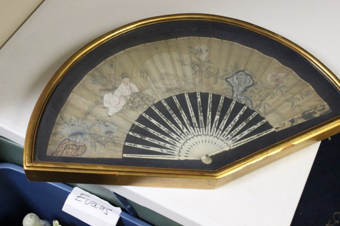 An Antique Chinese/Asian Hand Painted on Paper Fan: inside a shadow box - please note: some torn on the paper, but overall in decent shape in my opinion - 22 1/2" long in straight line measurement