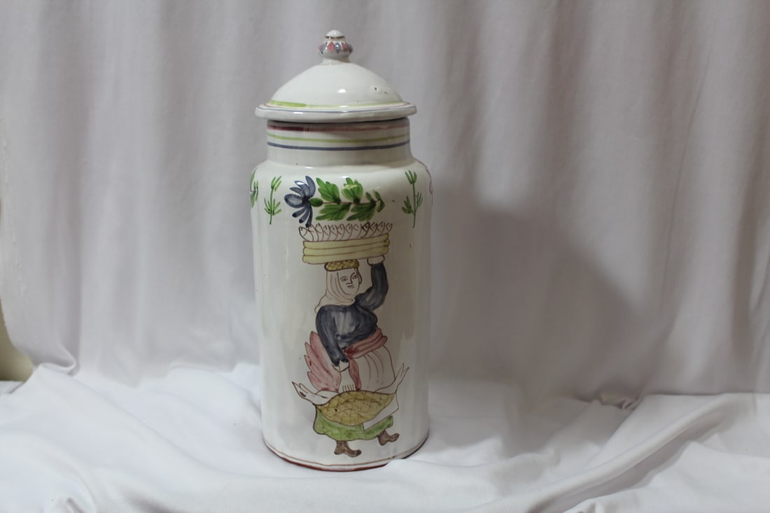 A Ceramic or Clay Portugese Lidded Jar: 11 3/4" tall