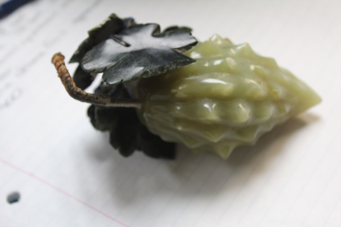 Chinese Jade Fruit: 4 1/2" across - unusual form - please note: one jade leaf broken off as shown