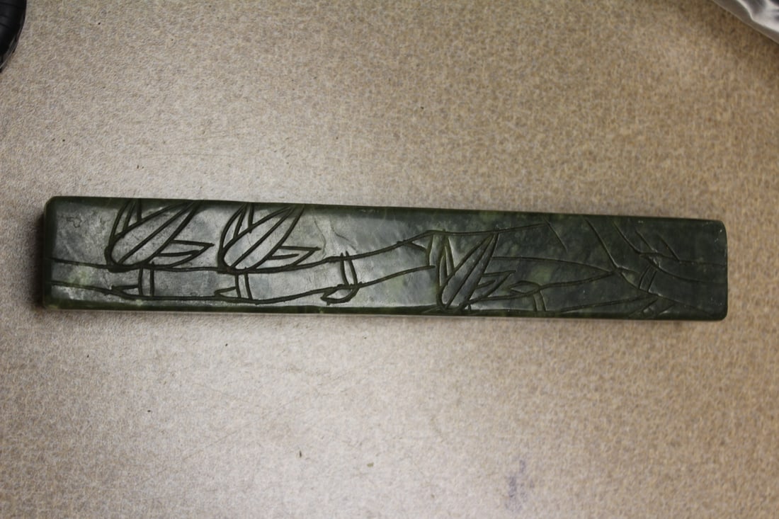 Spinach Carved Jade Chinese Scroll Weight: 9 3/8" long