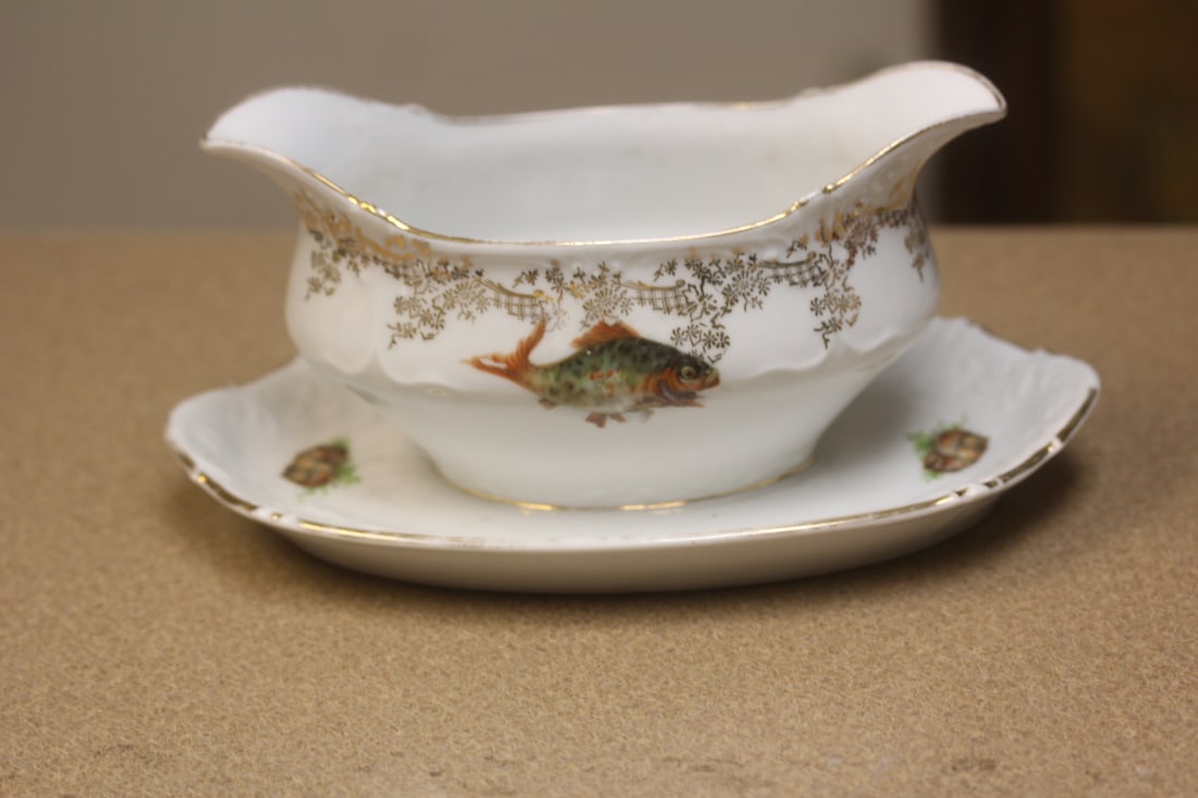 Antique/Vintage Limoges Fish Gravy Boat: with undertray - 8 inches across