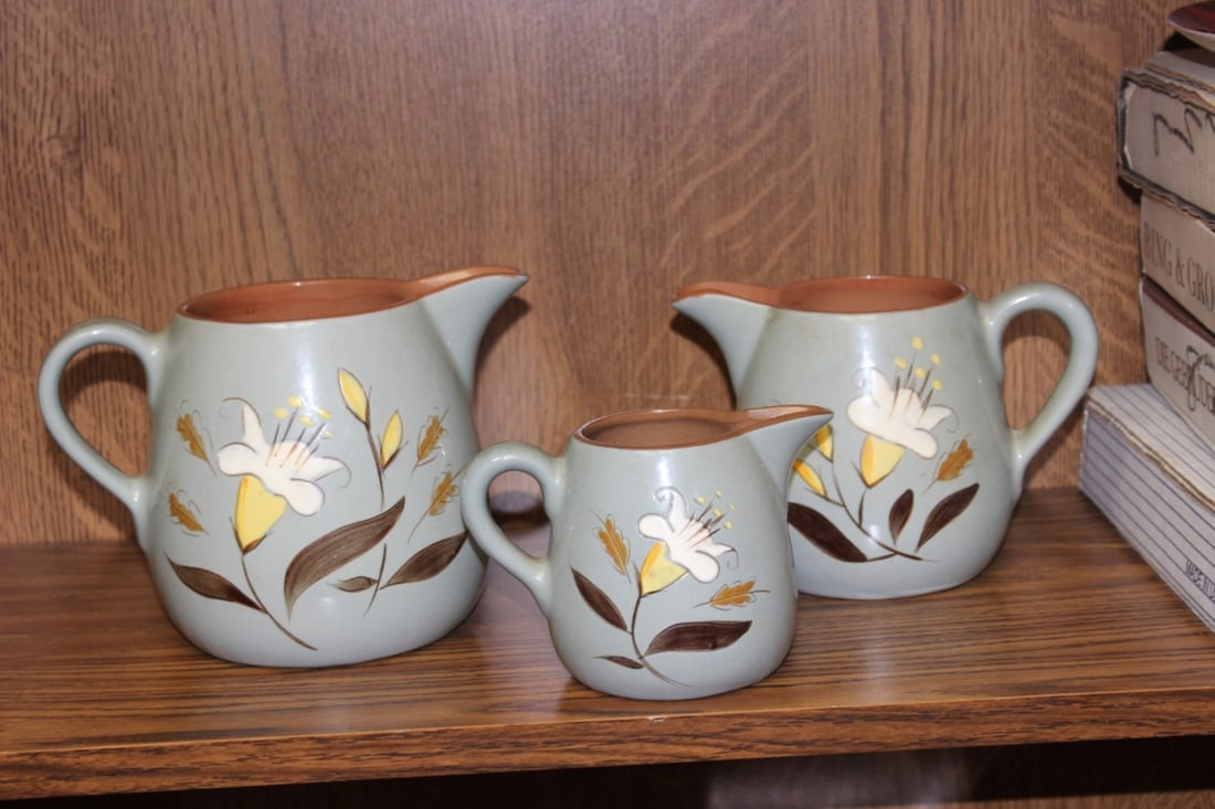 A Lot of 3 Stangal Pottery Pitchers: Marked on the Bottom As Shown - Tallest One 5 1/2" tall - probably 1950's