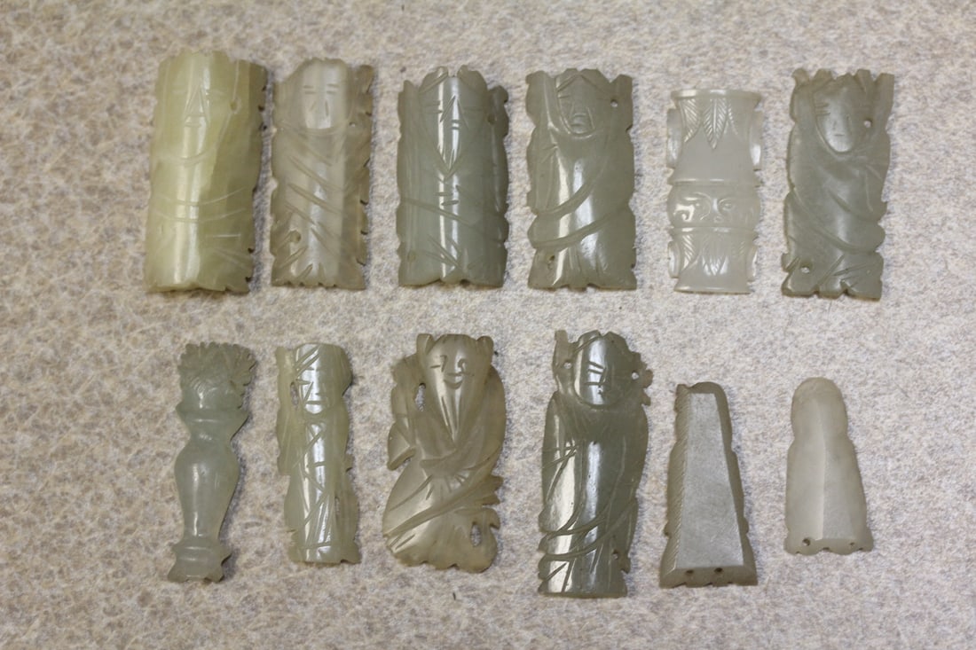 Lot of 10 Small Carved Jade Pendants: republic period - longest= 1 3/8" - some has nice carving