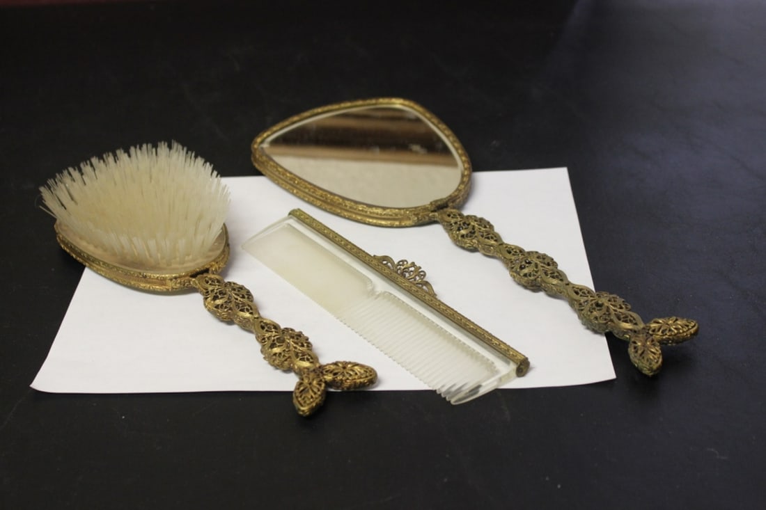 Lot of 3 Vanity Articles: Possibly 24Kt Gold Gilted - Mirror has a mall chip on the corner as shown - 13 1/2" long