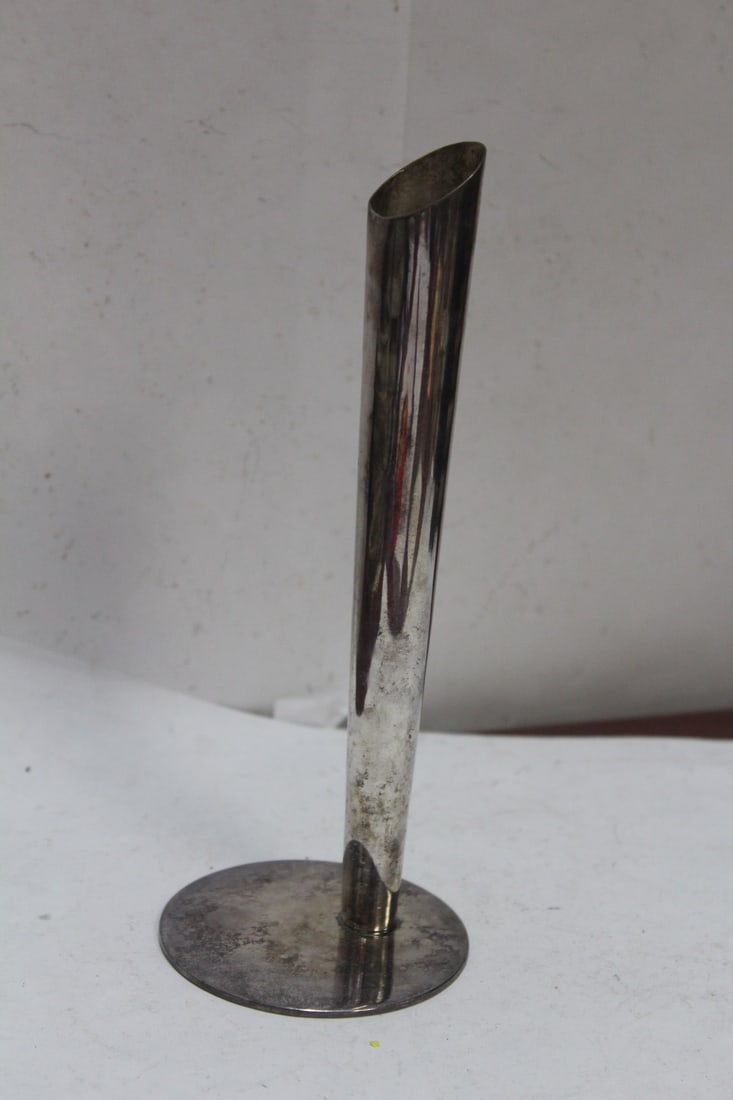 A Single Silverplated Candle Holder: mid century modern - 7 5/8" tall