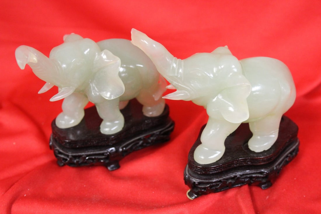 Set of Two Jade Elephants on Stands: 4" across
