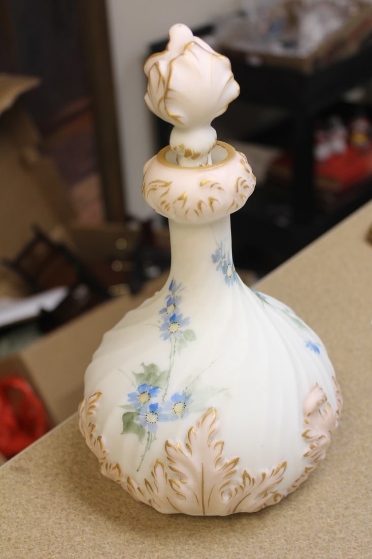 Embossed Satin Glass Decanter: with stopper - possibly Mount Washington - 10" tall