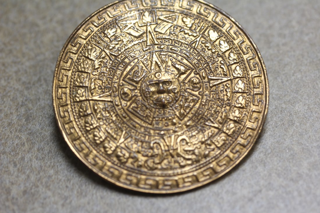 Sterling Aztec Brooch: or pendant - most likely Mexico - 2 1/8" in diameter - artist signed