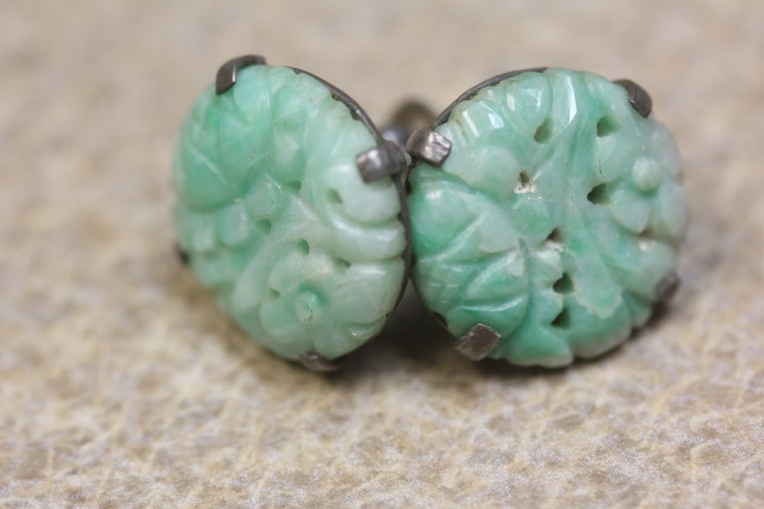 Sterling and Jade Pair of Earrings: carved apple green jade