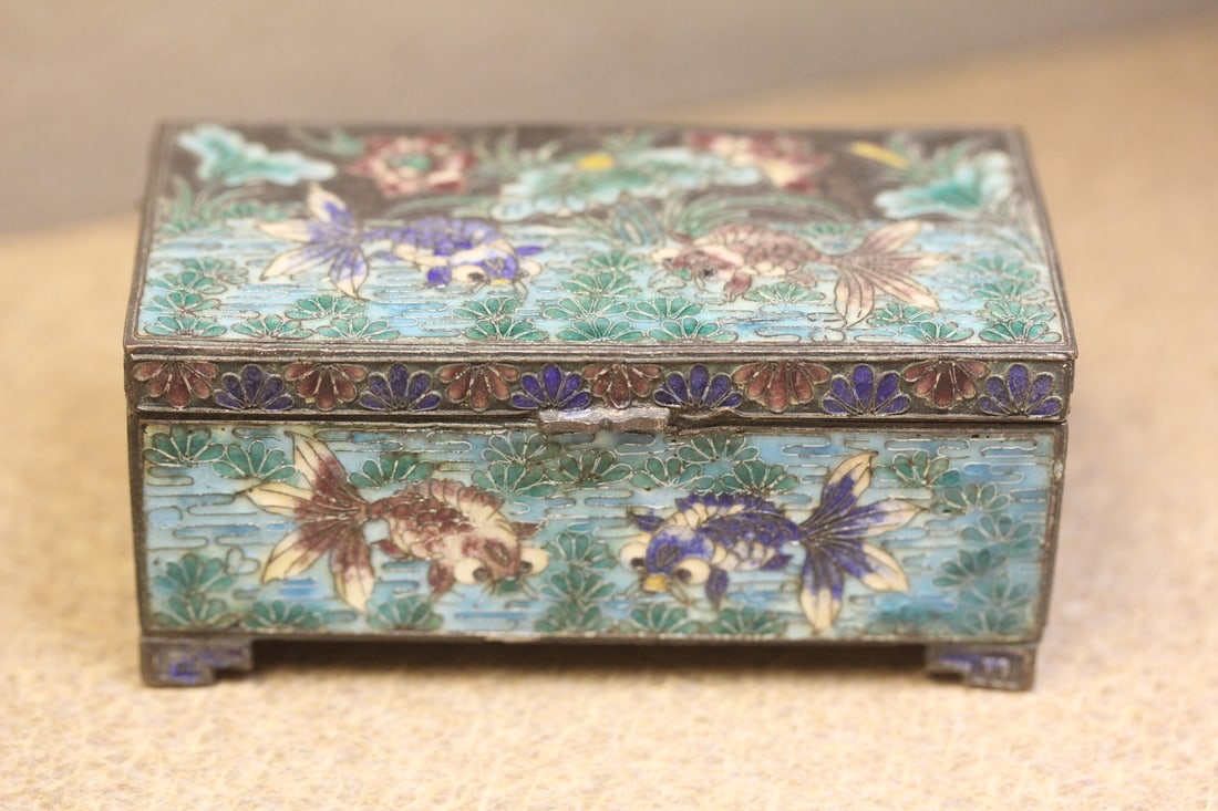 Antique Chinese Enamel Box: marked "China" 3 3/8" across