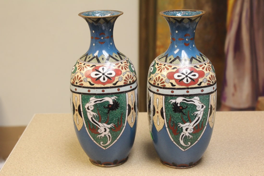 Pair of Japanese Cloisonne Vases: 19th century - 9 1/2" tall - faceted motief