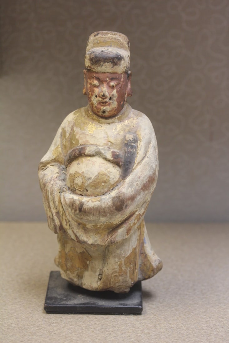 Antique Chinese Attendant: clay? Pottery? Wood? - traces of paint still there - 9" tall