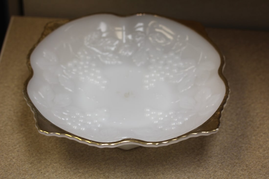 Milk Glass Bowl: gold gilded rim - 10" in diameter