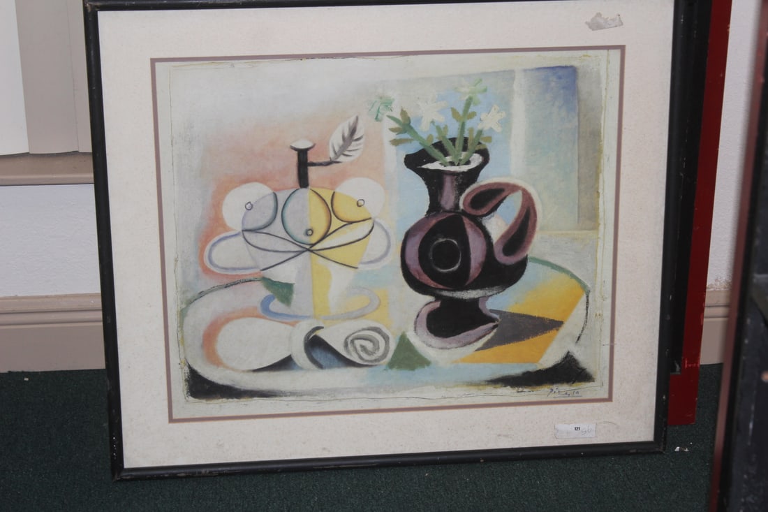 Vintage Picasso Print: framed - overall= 34" x 29" - "Fruit and Flower with Vase"