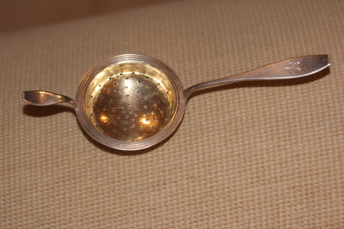 800+ Silver Strainer: marked - please note: monogrammed "MS" - 6 1/2" long