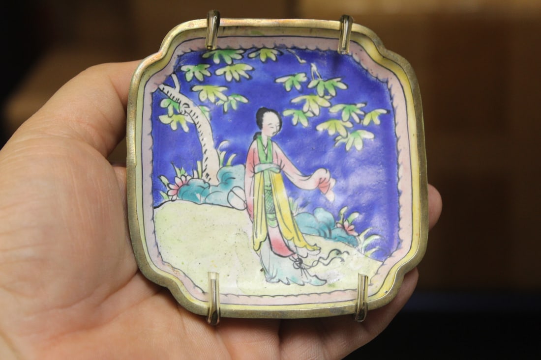 Antique Enamel Chinese Square Dish: marked "China" - 3 1/2" square