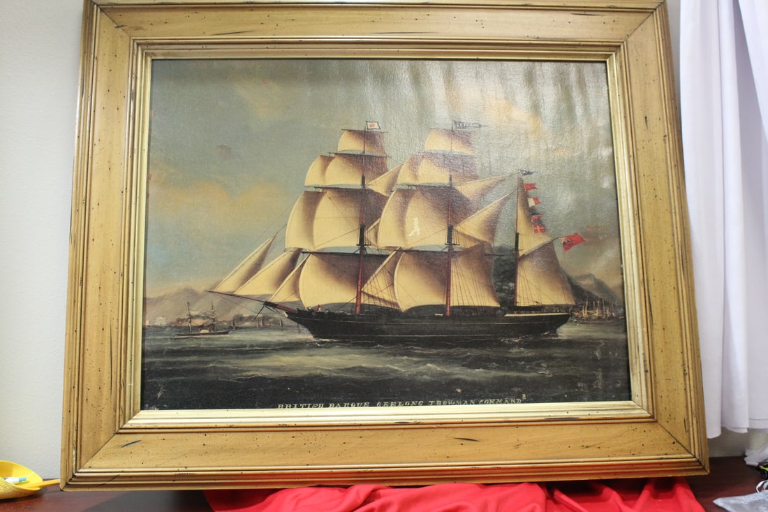 A Framed Glicee of a Clipper Ship on Canvas: nicely done - please note: minor paint imperfection - overall= 30 3/4" x 24 3/4"