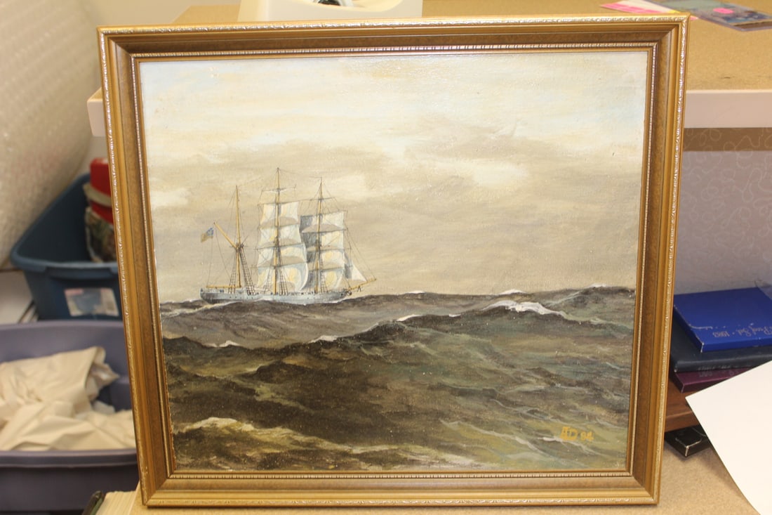 Oil on Wood Painting of a Clipper Ship: signed and dated - framed - overall= 17 1/4" x 15 1/2"