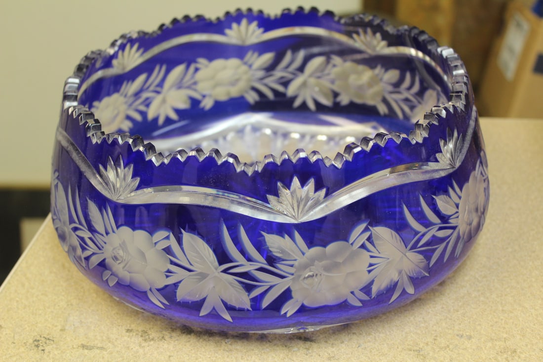 Cobalt Blue Cut Glass Center Bowl: approximately 11 inches in diameter