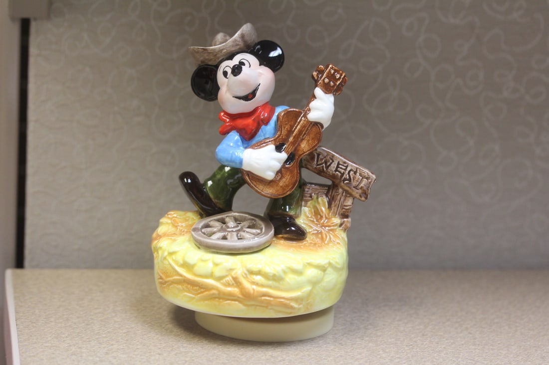 Schmid Mickey mouse music box: cowboy, ceramic, 6 1/4" tall