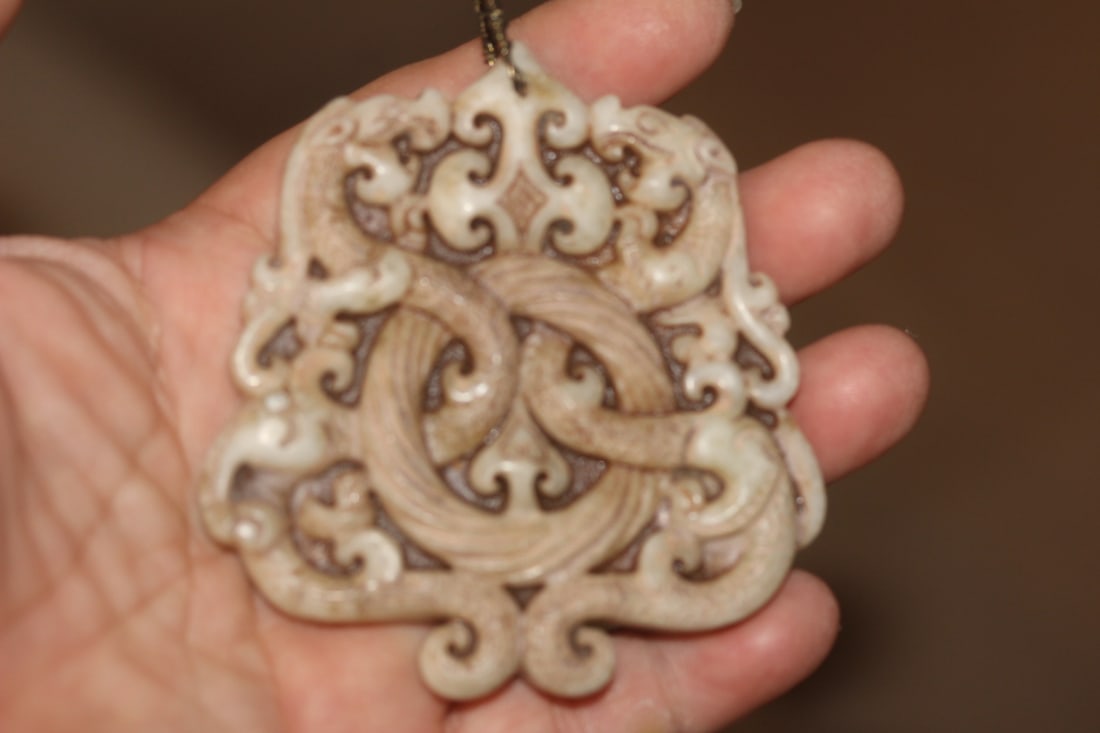 Carved Dragon Plaque: Jade or similar hardstone - 3 1/8" across