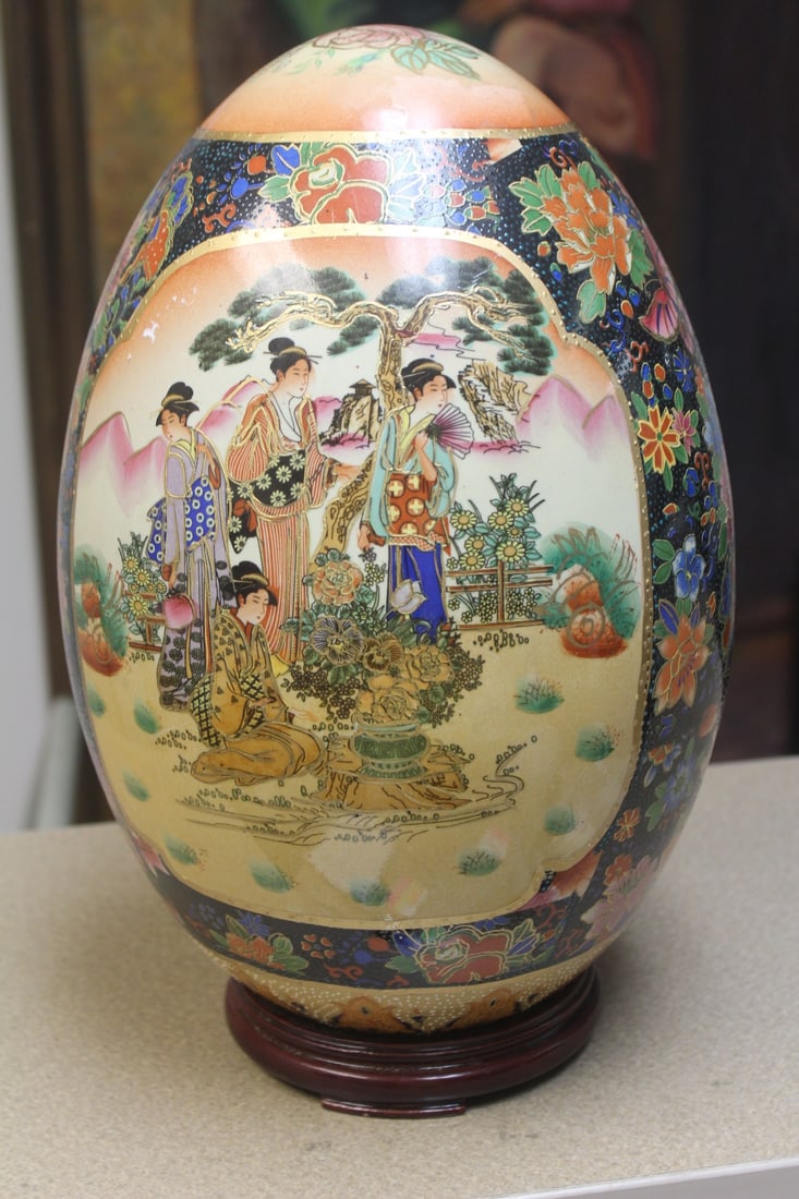 Satsuma style ceramic egg: with stand, overall= 14 1/2" tall, please note; stand glued to egg