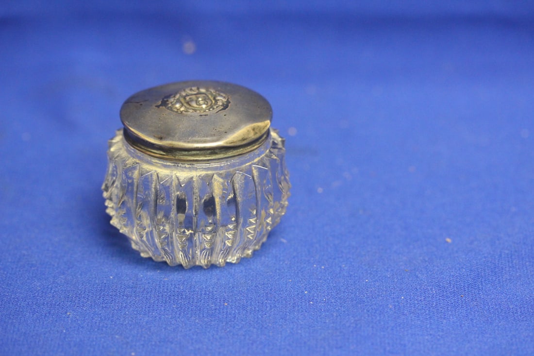 Sterling Top Cut Glass Container: most likely 19th century - 1 7/8" tall - please note: dents