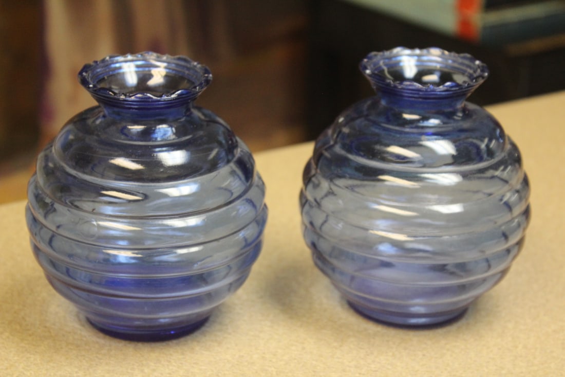 Set of Two Glass Vases: light cobalt blue - 5 1/4" tall each