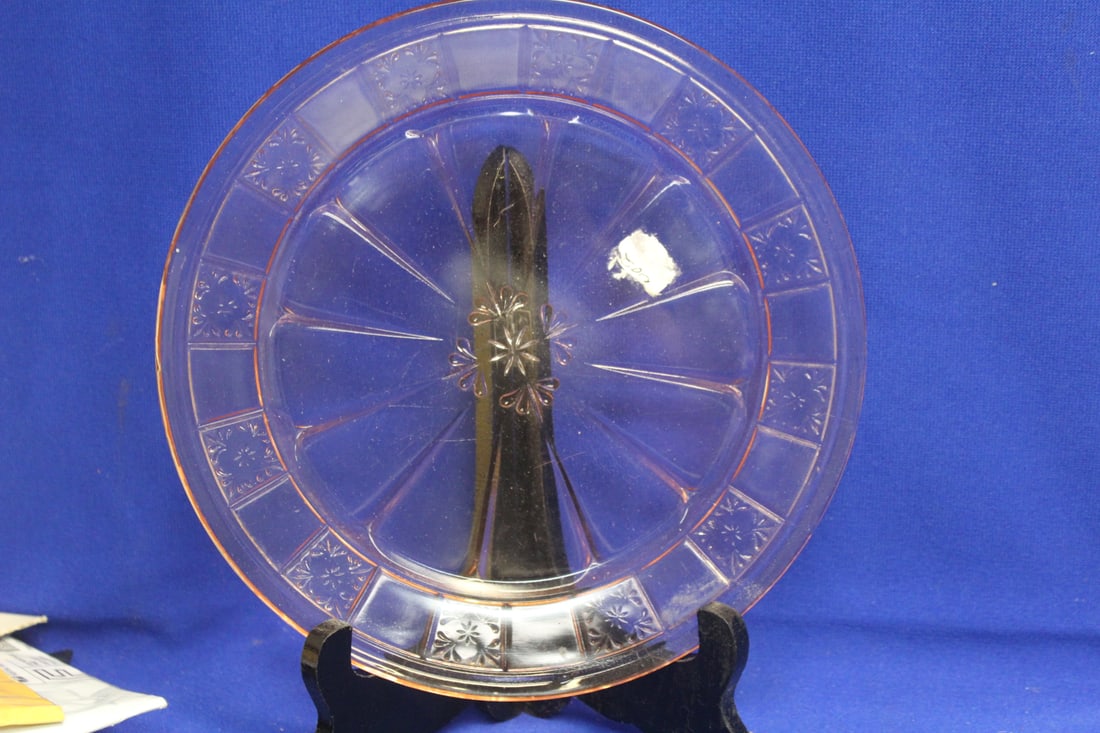 Pink Depression Glass Plate: 9 inches in diameter