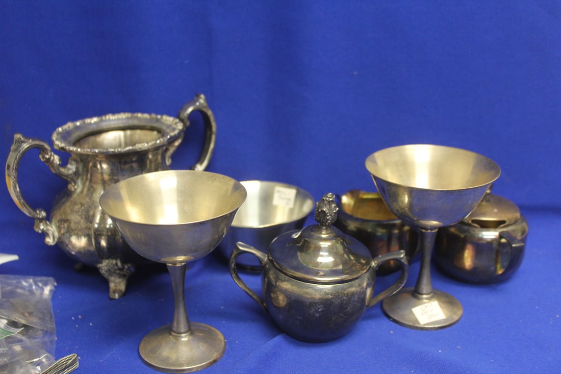 Lot of 7 Pewter/Silverplate Articles: please note= sugar container without the lid - tallest= 5 5/8"