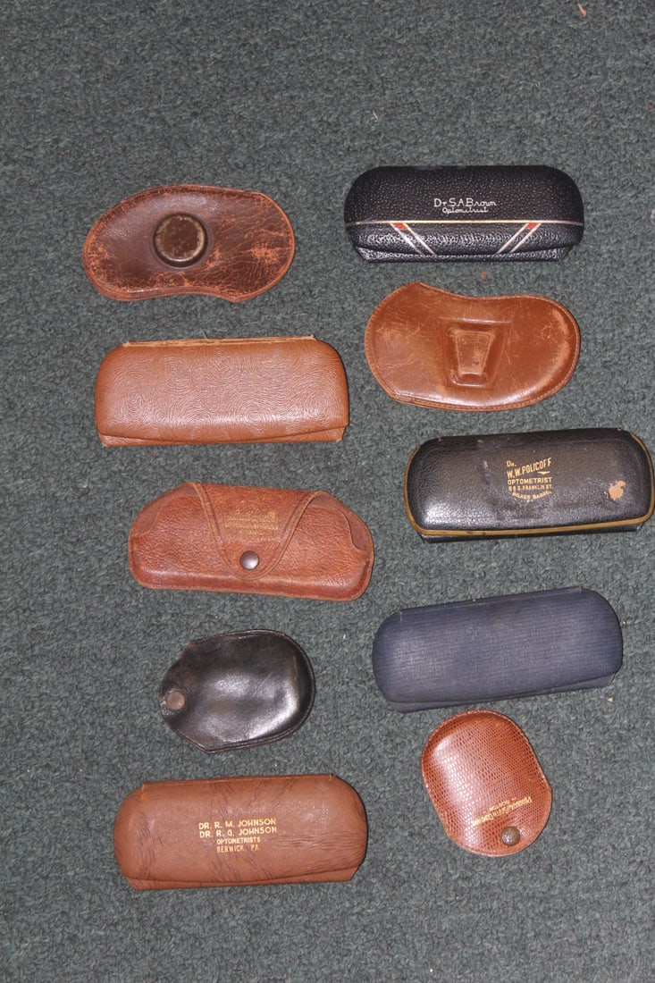Lot of 10 Vintage/Antique Eyeglass Cases: to include leather and hard cases