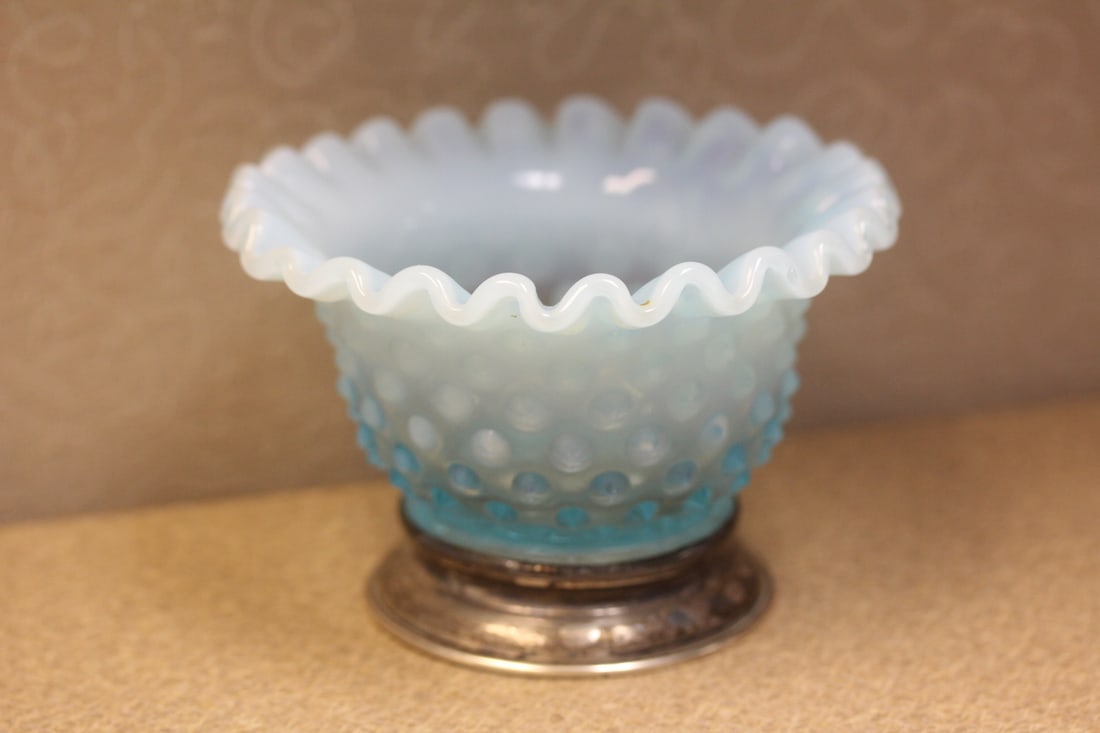 Fenton Hobnail Bowl: or nut dish - Fleetwood sterling rim - 4 3/8" in diameter