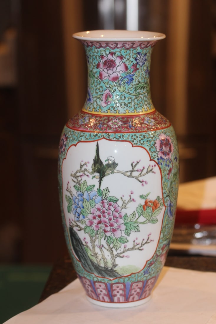 Signed Chinese Famille Verte Vase: 12 3/4" tall